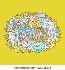 The vector illustration Kenya word and the and bright animals and objects symbolizing the country. 