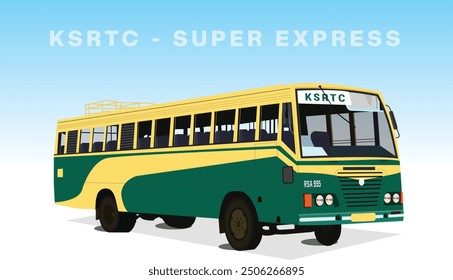 Vector illustration of Kerala State RTC super Express bus, Kerala State Road Transport Corporation super Express bus vector drawing, KSRTC Public transportation in Kerala, passenger bus kerala eps 10