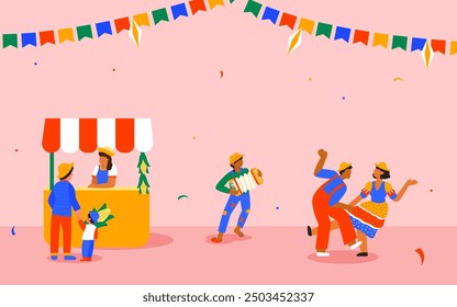 Ilustración vectorial de una kermesse fiesta de junio escena festiva brasileña "Festa Junina", con decoraciones vibrantes y golosinas tradicionales. Carpa con maíz dulce, músicos y bailarines. 