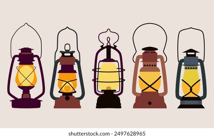 Vector illustration of kerosene lamp set