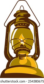 vector illustration of a kerosene oil lamp viewed from front low angle retro style on isolated white background.