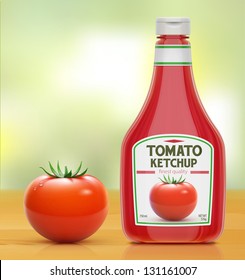 Vector illustration of ketchup bottle and fresh tomato on wooden kitchen table