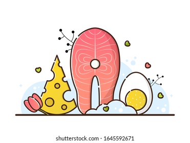 Ilustración vectorial de la dieta keto sobre fondo blanco. Queso, filete de salmón y huevo. Productos útiles para la pérdida de peso, cocina. La carta del restaurante y la cafetería. Estilo lineal.