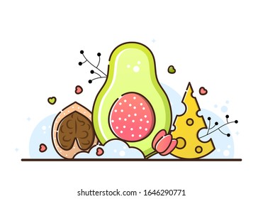 Ilustración vectorial de la dieta keto sobre fondo blanco. Nueces, filete de salmón y queso. Productos útiles para la pérdida de peso, cocina. La carta del restaurante y la cafetería. Estilo lineal.
