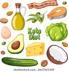 Vector illustration of keto-friendly foods including avocado, cheese, and salmon. Bright colors and clean composition highlight each element