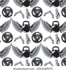 Vector Illustration of Kettebells with Wings and Weight Plates with Vintage Illustration Available for Pattern