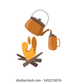 Vector illustration with kettle, cup and bonfire isolated on white background. In cartoon style.