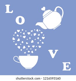 Vector illustration with kettle, cup of tea, hearts. Happy Valentine's Day. Design for party card, banner, poster or print.