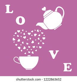 Vector illustration with kettle, cup of tea, hearts. Happy Valentine's Day. Design for party card, banner, poster or print.