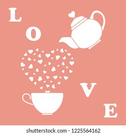 Vector illustration with kettle, cup of tea, hearts. Happy Valentine's Day. Design for party card, banner, poster or print.