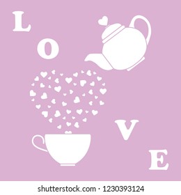 Vector illustration with kettle, cup of tea, hearts. Happy Valentine's Day. Design for party card, banner, poster or print.