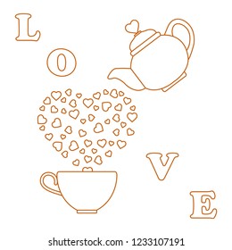 Vector illustration with kettle, cup of tea, hearts. Happy Valentine's Day. Design for party card, banner, poster or print.