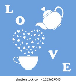 Vector illustration with kettle, cup of tea, hearts. Happy Valentine's Day. Design for party card, banner, poster or print.