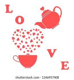 Vector illustration with kettle, cup of tea, hearts. Happy Valentine's Day. Design for party card, banner, poster or print.