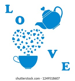 Vector illustration with kettle, cup of tea, hearts. Happy Valentine's Day. Design for party card, banner, poster or print.