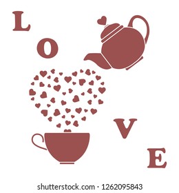 Vector illustration with kettle, cup of tea, hearts. Happy Valentine's Day. Design for party card, banner, poster or print.