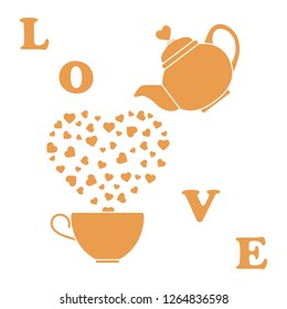 Vector illustration with kettle, cup of tea, hearts. Happy Valentine's Day. Design for party card, banner, poster or print.