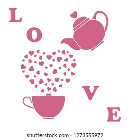 Vector illustration with kettle, cup of tea, hearts. Happy Valentine's Day. Design for party card, banner, poster or print.
