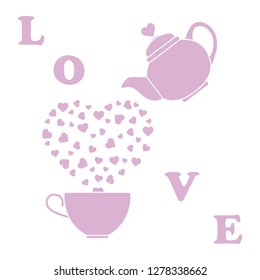 Vector illustration with kettle, cup of tea, hearts. Happy Valentine's Day. Design for party card, banner, poster or print.