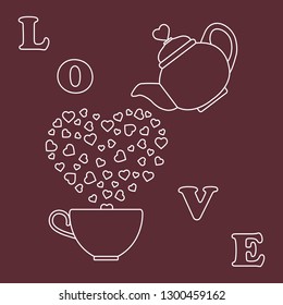 Vector illustration with kettle, cup of tea, hearts. Happy Valentine's Day. Design for party card, banner, poster or print.