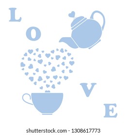 Vector illustration with kettle, cup of tea, hearts. Happy Valentine's Day. Design for party card, banner, poster or print.