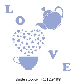 Vector illustration with kettle, cup of tea, hearts. Happy Valentine's Day. Design for party card, banner, poster or print.