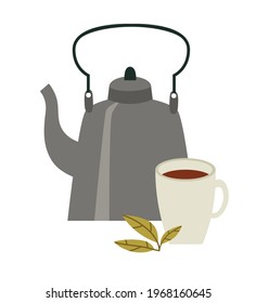 Vector illustration of a kettle with cup of tea and tea leaves isolated on white. Hand-drawn illustration in flat style. Suitable for cafes, coffee producers, and shops.