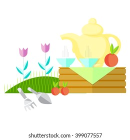 vector illustration of a kettle. Nature. Postcard.