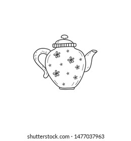 Vector illustration of a kettle in the style of a doodle. linear hand-drawn drawing. Tea party symbol