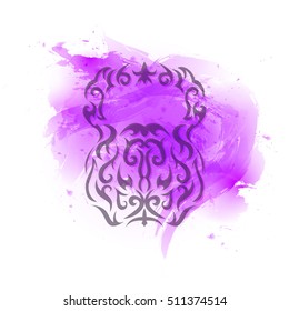 Vector illustration of kettlebell. Kettlebell stylized like tribal art or tattoo. Defocused pictogram on the pink watercolor background.