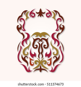 Vector illustration of kettlebell. Kettlebell stylized like tribal art or tattoo. Pictogram in colors.