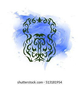Vector illustration of kettlebell. Kettlebell stylized like tribal art or tattoo. Pictogram on the blue watercolor background.