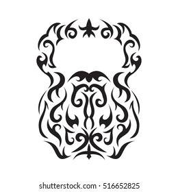 Vector illustration of kettlebell. Kettlebell stylized like tribal art or tattoo. Pictogram in black color on the white background.