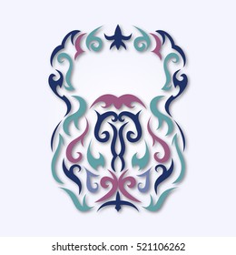Vector illustration of kettlebell. Kettlebell stylized like tribal art or tattoo. Pictogram in colors.