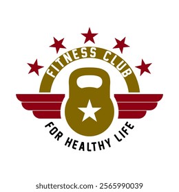 vector illustration of a kettlebell with wings on both sides and a star symbol above it. fitness logo concept design vector