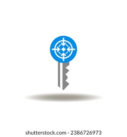 Vector illustration of key with aim sign. Icon of SEO. Symbol of keywords research.