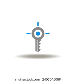 Vector illustration of key with aim sign. Icon of PMS Property Management System. Symbol of PKI Public Key Infrastructure. Pictogram of KPI Key Performace Indicator.