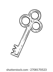 Vector illustration of a key. Antique lock key. Hand-drawn illustration of a vintage door key, graphic, ink drawing. Single element.