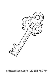 Vector illustration of a key. Antique lock key. Hand-drawn illustration of a vintage door key, graphic, ink drawing. Single element.