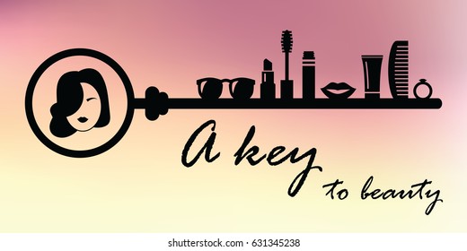 vector illustration for key to beauty concept with cosmetics and fashion items