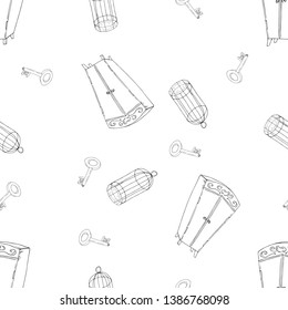 Vector illustration of key, cabinet, birdcage. Wardrobe and key seamless pattern. Hand drawing bird cage.