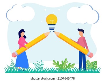 Vector illustration, the key to creative concept ideas for success, seeking tranquility in nature, generating inspiration, looking for new creative thoughts.
