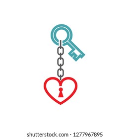 Vector illustration a key on a chain and heart. Set of vector symbols. To pick up or furnish the clue to the heart. Flat design