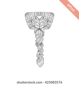 Vector illustration key with  ornament.  Hand drawn ornate key isolated on white background