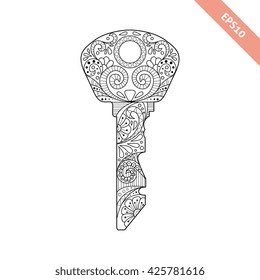 Vector illustration key with  ornament.  Hand drawn ornate key isolated on white background