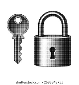 Vector illustration of key and padlock in halftone style. Retro textured security design symbolizing safety, privacy, protection, access, and password.