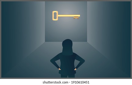 vector illustration of key to success, business opportunity or solution concept, business woman looking at keys in a room on a gray background