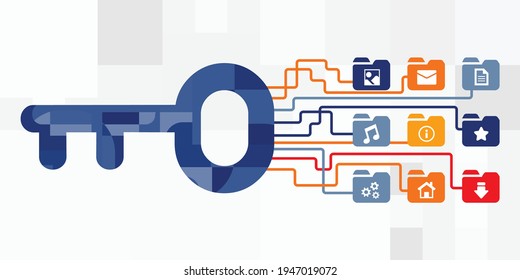 vector illustration of key symbol and folders for keywords search and logical connections 