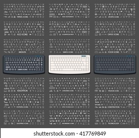 vector illustration of keyboard with different icon on keys for travel, music, sports, eco, office, medical, food, education etc