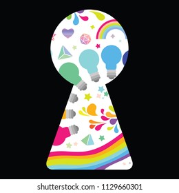 vector illustration of keyhole with colorful imaginative items inside for virtual reality creation concepts